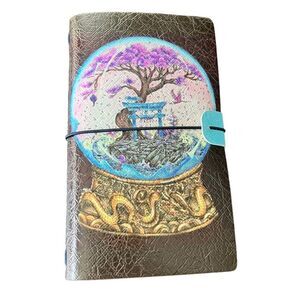 Crystal Ball & Bonsai Tree Faux Leather Reusable Travelers Notebook 8x4.5”